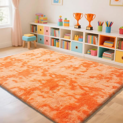 Mottling Orange Fluffy Rug Shag Area Rug, 8x10 Area Rugs for Girls Bedroom, Big Soft Shag Bedside Non-Slip Plush Dorm Nursery Kids Carpet Home Decor Aesthetic