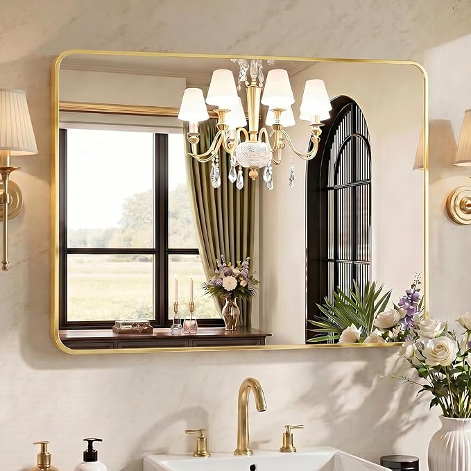 OLIXIS Bathroom Mirror for Over Sink, 40x30 Inch Wall Mount Mirror with Rounded Rectangle and Matte Metal Framed, Modern Wall Vanity Mirror for Home Decor, Living Room, Bedroom, Gold