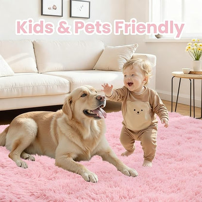 2x6 Bedside Area Rugs for Bedroom: Soft Fluffy Shag Pink Rug for Hallway, Non-Slip Fuzzy Plush Living Room Rug Indoor Floor Carpet for Kids Rooms, Dorm, Nursery, Modern Home Aesthetic Decor