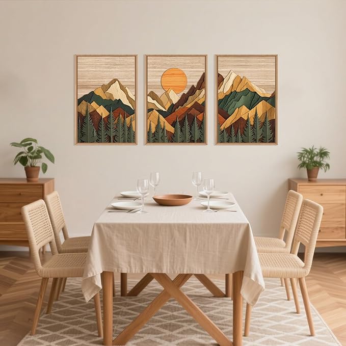 Celestdeco Large Woodcut Style Mountain Framed Canvas Wall Art Set, Woodsy Rustic Ridge Wall Decor, Boho Pine Tree Forest Wall Painting, Abstract Sunrise Wooden Art Print for Living Room, Bedroom, Office - 16"X24"X3 (Not-3D Effect)