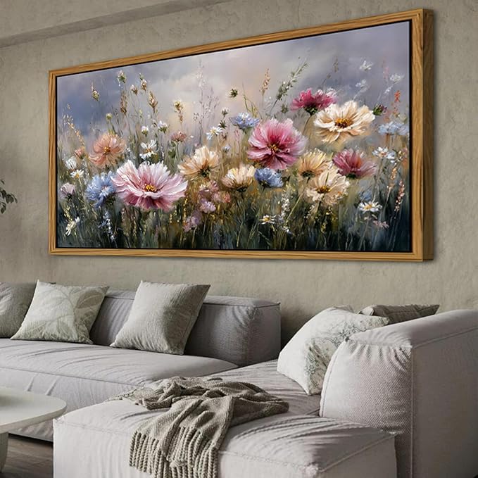 Vintage Framed Canvas Wall Art Pink Wildflower Picture for Living Room Extra Large Countryside Medow Scenery Painting Print Modern Artwork Farmhouse Abstract Flower Poster Office Home Decoration 35x70
