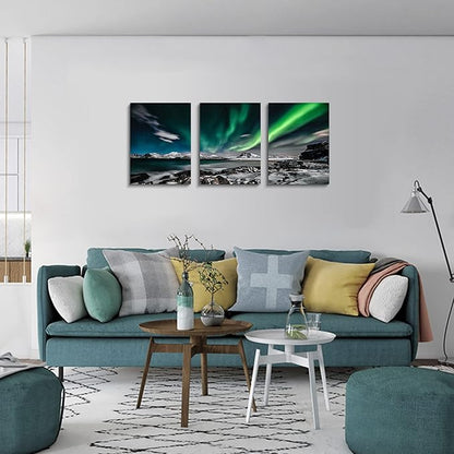 Aurora Scenery Wall Art Green Sky Painting on Canvas Wall decorations for living room Stretched and Framed Canvas Paintings 3 piece bedroom wall decor Ready to Hang for office Decor art