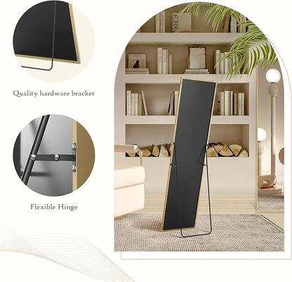 Mirror Full Length, Upgraded 16"x59" Body Wall Mirrors with Shatter-Proof Glass, Floor Standing, Hanging or Leaning, Tall Mirror with Stand Aluminum Alloy Frame for Bedroom, Gold