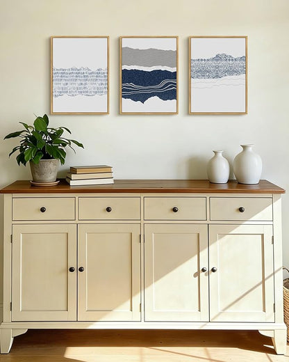 PHOPAGO Navy Blue Abstract Framed Wall Art Mid Century Minimalist Boho Wall Decor Modern Neutral Farmhouse Rustic Art Bedroom Living Decor - 11x14in Natural Framed