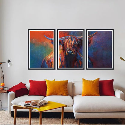 Vibrant Highland Cow Framed Canvas Wall Art Abstract Cow Portrait Poster Wall Decor for Country Apartment Living Room Office Nursery Scottish Cattle Artwork Decoration Easy to Hand 24x36inchx3pcs
