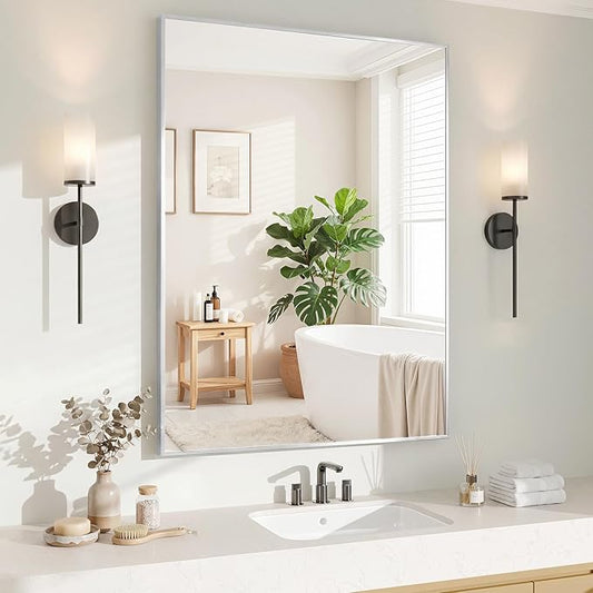 Koonmi Silver Rectangle Wall Mirror, 30x40 Inch Bathroom Mirror, Aluminum Frame Vanity Mirror for Entryway, Living Room, Bedroom Bathroom, Hangs Horizontally or Vertically