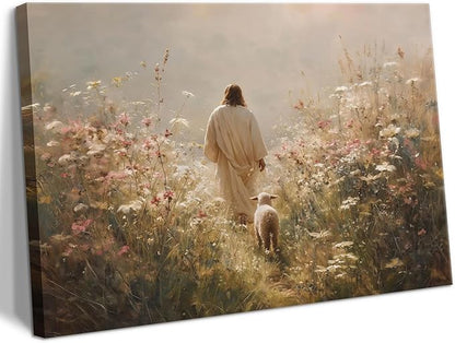 Jesus Leaves the 99 Sheep Wall Art The Lost Sheep Bible Stories Painting picture Wall Decor religion Christian Wildflowers Poster Print Artwork for Church LDS bedroom Living Home Decor 12x16 in Canvas