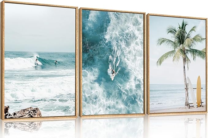 HLNIUC Blue Ocean Surfing Framed Canvas Wall Art,Large Seascape Tree Wall Decor,Nature Landscape Sea Wave Artwork Set of 3(24x36),Modern Coastal Scenic Prints for Living Room,Bedroom,Bathroom