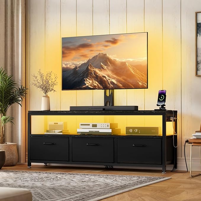 JUSTOGO TV Stand with Mount and Power Outlet, TV Stand Mount with Storage for Living Room, Entertainment Center with LED Lights for 45 55 60 65 inch, Height Adjustable Media Console, Black