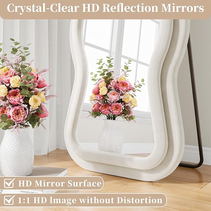 Wavy Full Length Mirror, 63"x24" Full Body Mirrors with Stand, Flannel Floor Mirrors for Bedroom, Living Room, Dressing Room, Hanging Leaning Wall Mirror