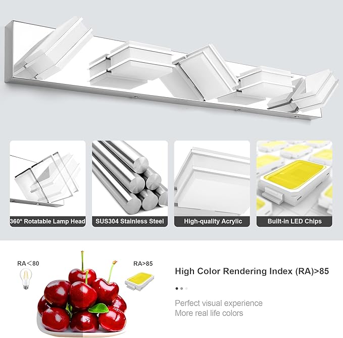 GOODATE 3 Color Temperature Dimmable Vanity Lighting Fixtures, LED Chrome 5 Light Bathroom Vanity Light, Acrylic Stainless Steel Square Shade Vanity Lights for Bathroom, ETL Certificated