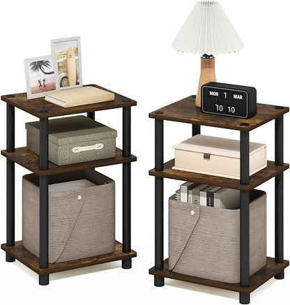 Furinno JUST Side Table Set of 2, 3-Tier Modern End Tables, Open Shelves Night Stand, Nightstand Set, Toolless Assembly, for Living Room, Bedroom, Amber Pine