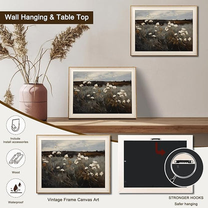 Framed Wall Art for Bedroom - Vintage Wildflower Painting Canvas Art Prints, Moody Dark Autumn Flower Wall Decor Aesthetic, Farmhouse Decor Wall Art Floral Pictures - 10x12Inch