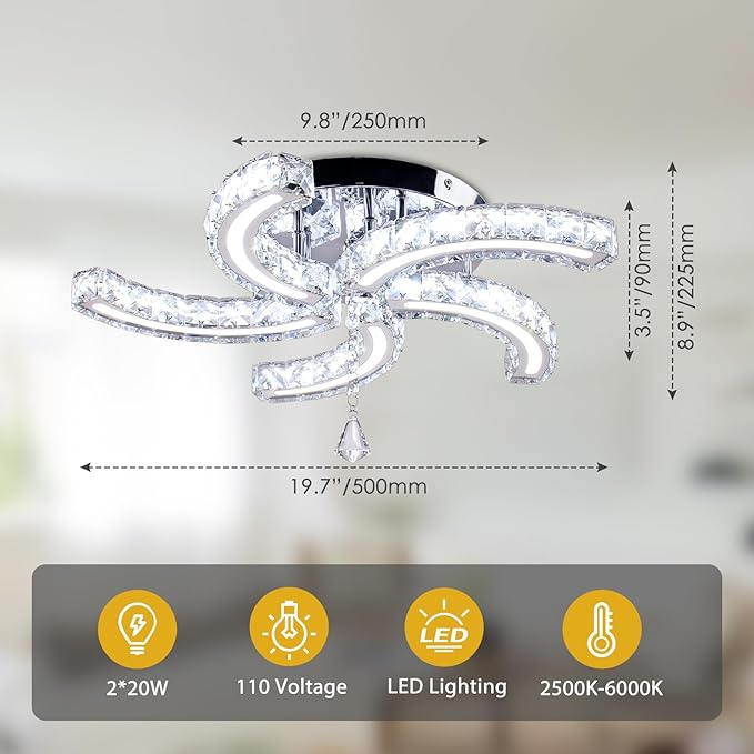 19.7" Dimmable Crystal Chandeliers Modern Crystal Ceiling Light Fixtures Acrylic 5 Arms Led Flush Mount Ceiling Light Lamp for Dining Room Living Room Bedroom Hallway Remote Control