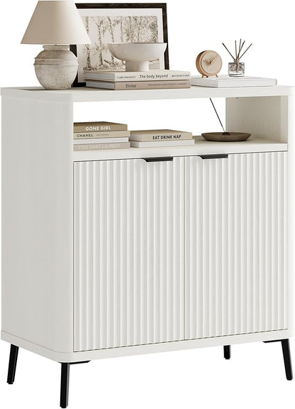 Fatmok Fluted Buffet Cabinet with Storage, 31.4" Wide Wood Sideboard Credenza with 2 Doors & Open Storage Shelf, Modern Coffee Bar Table for Living Room Kitchen Dining Room,White