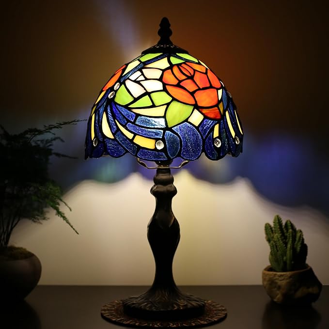 Tiffany Style Lamp Stained Glass Table Lamp 8" x 14.5" Mini Accent Light Pink Red Rose Feather Design Small Decorative Bedside Bedroom Living Room Memory Lamp