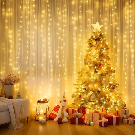 Minetom Curtain Lights, 300 LED Dimmable Fairy Lights Twinkle Lights with Remote and Timer, 8 Modes, USB Powered String Lights for Room Wall Party Christmas Indoor Decor, Warm White