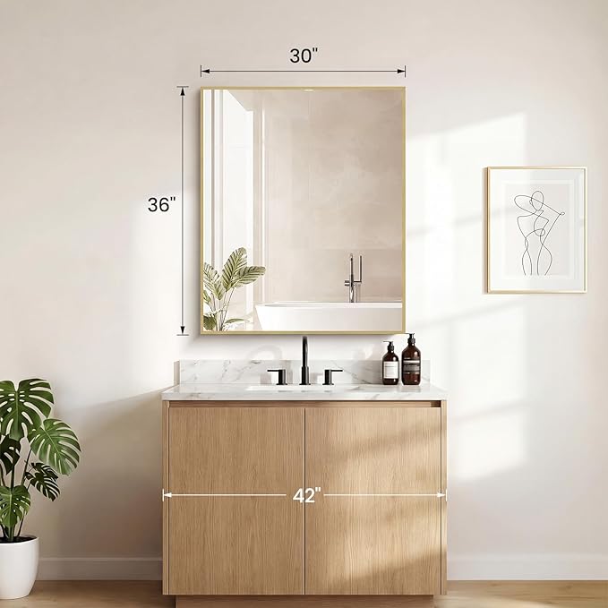 NEWBULIG 30" x 36" Gold Rectangle Bathroom Mirror for Wall, Morden Wall Mirror with Metal Frame, Tempered Glass, Vanity Mirror for Over Sink, Entryway, Living Room, Anti-Rust, Horizontal or Vertical