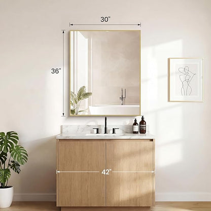 NEWBULIG 30" x 36" Gold Rectangle Bathroom Mirror for Wall, Morden Wall Mirror with Metal Frame, Tempered Glass, Vanity Mirror for Over Sink, Entryway, Living Room, Anti-Rust, Horizontal or Vertical