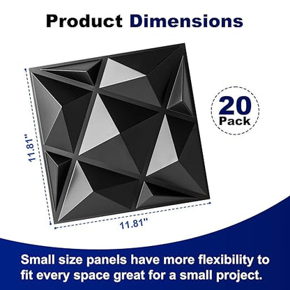 Art3dwallpanels 20 Pack 3D Wall Panels for Interior Wall Decor, 12''x12'' White Accent Diamond Panels for Gaming Room Bedroom TV Background, Black