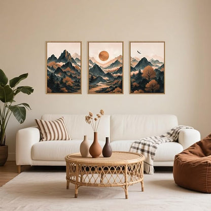 Celestdeco Large Boho Mountain Framed Canvas Wall Art Set,Brown Ridge Landscape Wall Decor,Pine Tree Scenery Wall Painting, Sunrise Abstract Wilderness Art Print for Living Room,Bedroom,Office-16"X24"X3