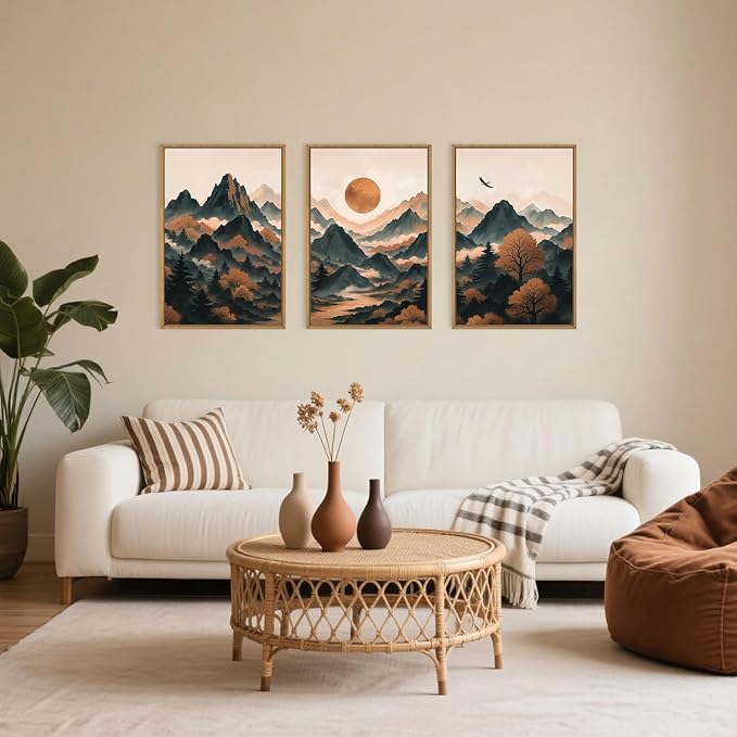 Celestdeco Large Boho Mountain Framed Canvas Wall Art Set,Brown Ridge Landscape Wall Decor,Pine Tree Scenery Wall Painting,Sunrise Abstract Wilderness Art Print for Living Room,Bedroom,Office-24"X36"X3