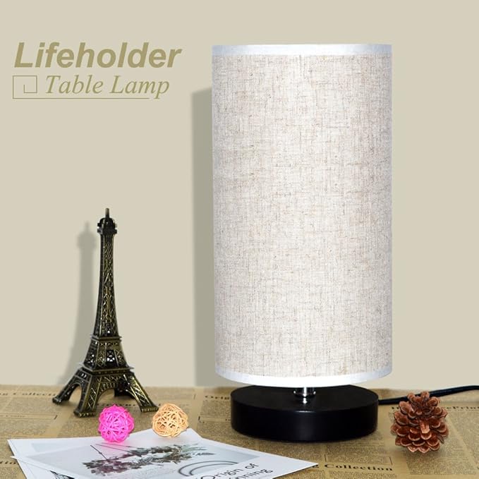 lifeholder Table Lamp, Bedside Nightstand Lamp, Simple Desk Lamp, Fabric Wooden Table Lamp for Bedroom Living Room Office Study, Cylinder Black Base
