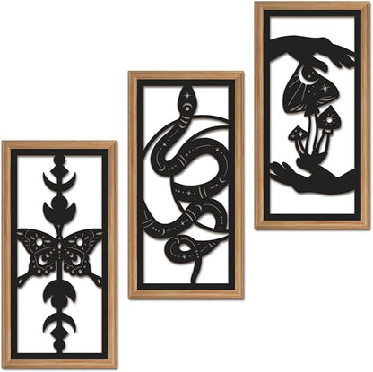 IARTTOP 3 Pcs Black Gothic Wall Art Boho Witchy Moon Phases Butterfly Wood Wall Decor Snake Decor Hanging Art Dark Mushroom Artwork Home Decor for Apartment Living Room Bedroom 7.9 x15.8 Inch