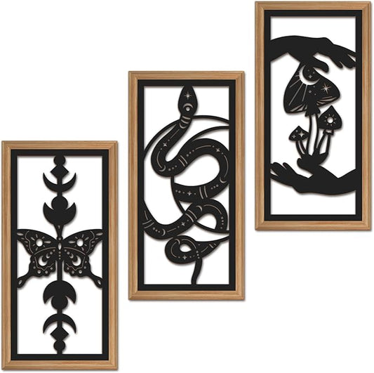 IARTTOP 3 Pcs Black Gothic Wall Art Boho Witchy Moon Phases Butterfly Wood Wall Decor Snake Decor Hanging Art Dark Mushroom Artwork Home Decor for Apartment Living Room Bedroom 7.9 x15.8 Inch