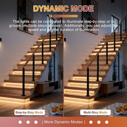 Smart Motion Sensor Staircase LED Strip Lights Kit, Intelligent 16-Step Light Controlled by APP & Remote(Not Include Battery) with 3000K Strips, Ideal for Indoor Stair Light Hallways & Stairs