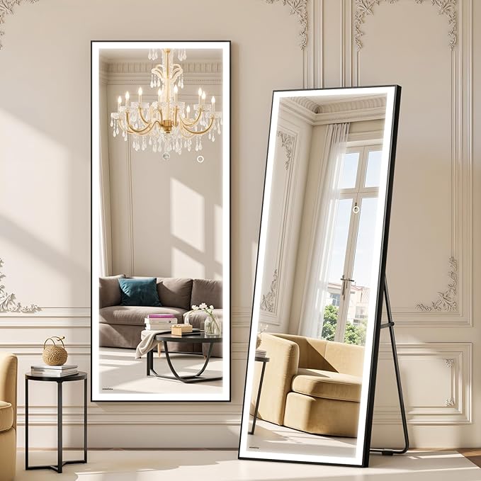 Kosmonia 71x28 Full Length Mirror, Dimmable 3 Color LED Light w/Light Memory, Distortion Free Silver Coating Mirror, HD Reflection &Anti Desilvering,Tempered Glass, Easy Setup w/Stand, Wall/Standing