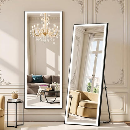Kosmonia 71x28 Full Length Mirror, Dimmable 3 Color LED Light w/Light Memory, Distortion Free Silver Coating Mirror, HD Reflection &Anti Desilvering,Tempered Glass, Easy Setup w/Stand, Wall/Standing