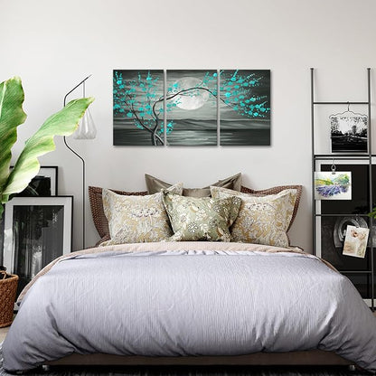 iKNOW FOTO 3pcs Grey and Teal Floral Canvas Prints Framed Plum Blossom Tree Oil Painting Printed on Canvas Gallery Wrapped Full Moon Flower Pictures Living Room Traditional Paintings 16x24x3pcs