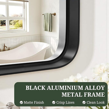 Bathroom Mirror 40x30 Inch Black Metal Frame Rectangle Vanity Mirror with Rounded Corners, Modern Wall Mounted Anti-Rust Mirror for Farmhouse, Restroom, Entryway, Horizontal or Vertical Hanging