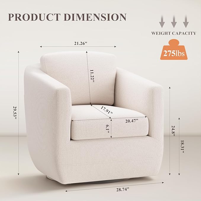 MALOL 360° Swivel Accent Chair- Comfy Living Room Armchair No-Sag Foam & Sturdy Metal Base with Pillow, Fully Assembled Swivel Accent Single Sofa for Bedroom, Office, Beige