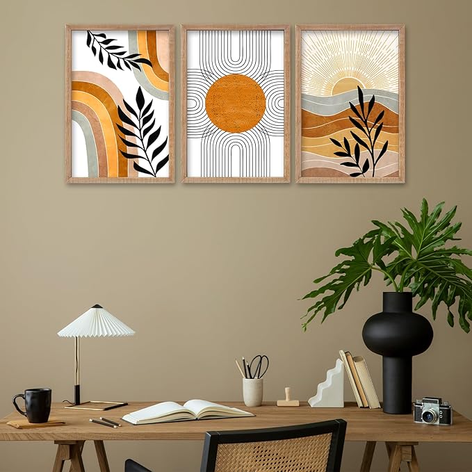 SRSZHIYUE Boho Art Wall Decor Wooden Framed 24x16 Inch Set of 3 Geometric Sun Desert Plant Wall Art for Bedroom Living room Hanging (Wood)