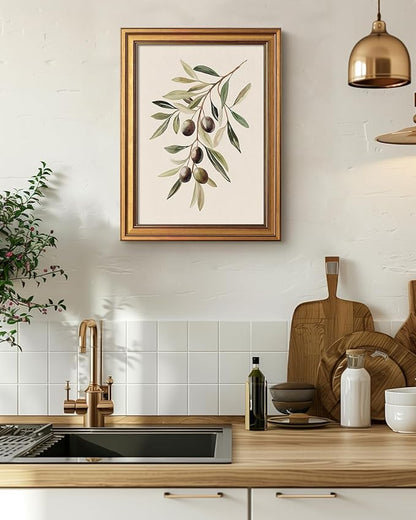 Bzstyleart Vintage Wall Art Decor for Bedroom, Watercolor Olive Branch Botanical Wall Art, Gold Framed Artwork, Vintage Botanical Prints, Room Decor Aesthetic for Kitchen, 12 x 16 Inch