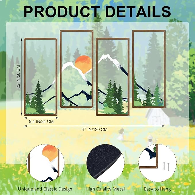 ruelen 4 Pcs Metal Sunset Mountain Forest Wall Decor, Abstract Minimalist Line Drawing Large Colorful Mountains Wall Art Home Decor for Living Room Bathroom Bedroom Office Indoor And Outdoor (Large)