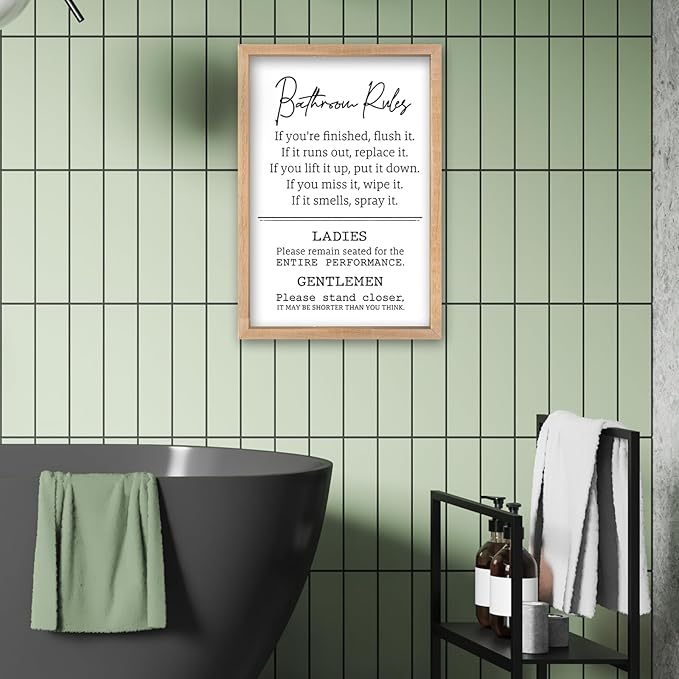 Bathroom Rules Wall Decor 16"×11" Restroom Toile Sign Humor Quotes for Bathroom Humorous Modren Restroom Wood Framed Wall Hanging Art (Wood）