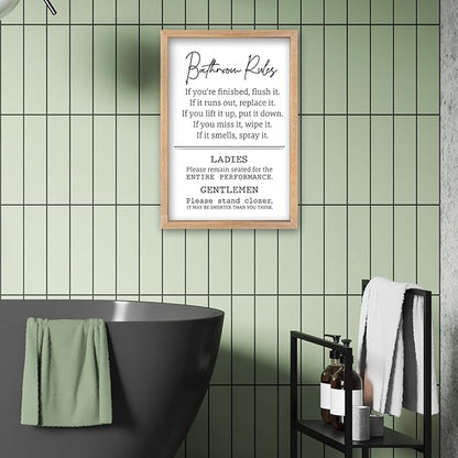 Bathroom Rules Wall Decor 16"×11" Restroom Toile Sign Humor Quotes for Bathroom Humorous Modren Restroom Wood Framed Wall Hanging Art (Wood）
