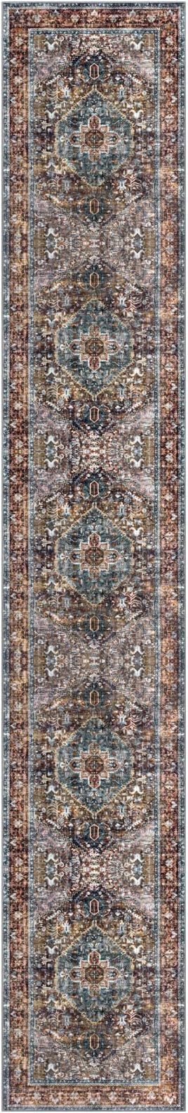 KOZYFLY Runners for Hallways 2x12 Ft Washable Kitchen Runner Rug Boho Long Runner for Entryway Indoor Printed Faux Wool Carpet for Bedroom Kitchen Hall, Brick Red/Orange/Green