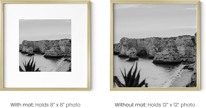 HAUS AND HUES 12x12 Gold Metal Picture Frames Matted to 8x8 - Premium Aluminum with Hanging Hardware, Shatterproof Plexiglass - Ideal for Home or Office (12x12 in, Gold, Set of 6)