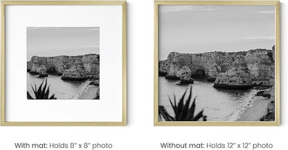 HAUS AND HUES 12x12 Gold Metal Picture Frames Matted to 8x8 - Premium Aluminum with Hanging Hardware, Shatterproof Plexiglass - Ideal for Home or Office (12x12 in, Gold, Set of 6)