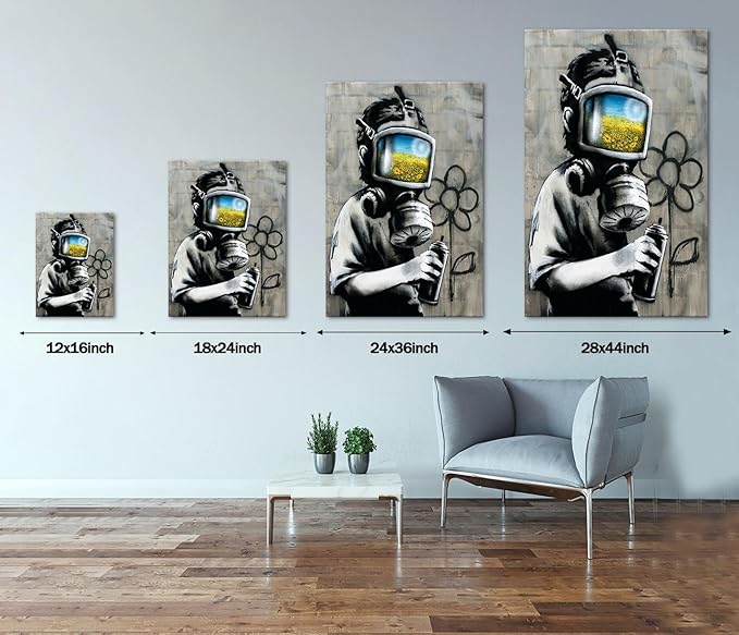 Yatsen Bridge Classic BANKSY Canvas Sunflower Field Mask Wall Art Print Street Graffiti Printable Painting Home Decor Posters Stretched and Framed Ready to Hang - 12x16 inch