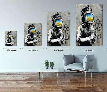 Yatsen Bridge Classic BANKSY Canvas Sunflower Field Mask Wall Art Print Street Graffiti Printable Painting Home Decor Posters Stretched and Framed Ready to Hang - 12x16 inch