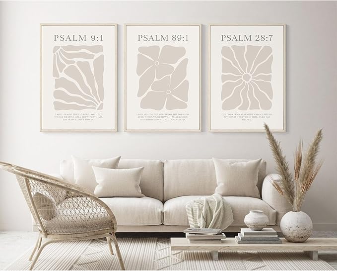 Scripture Christian Wall Art Set of 3 Beige Bible Verses Wall Decor Neutral Psalm Canvas Wall Art Modern Pictures Flower Prints Christian Artwork for Living Room Bedroom 16x24 Inch Framed