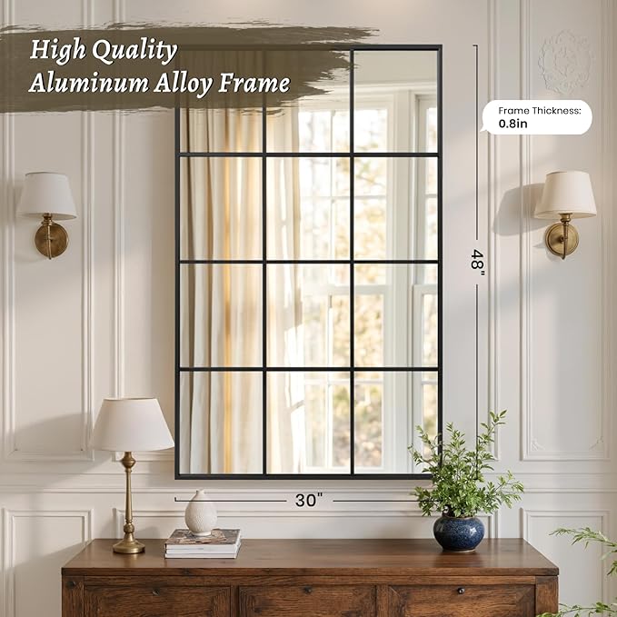 Anpark Windowpane Wall Mirror 30"x48" Black Wall Mounted Art Pane Mirror Farmhouse Decorative Mirror Leaning Hanging Wall Mirror for Bedroom Living Room Entrance Hallway Wall Decor