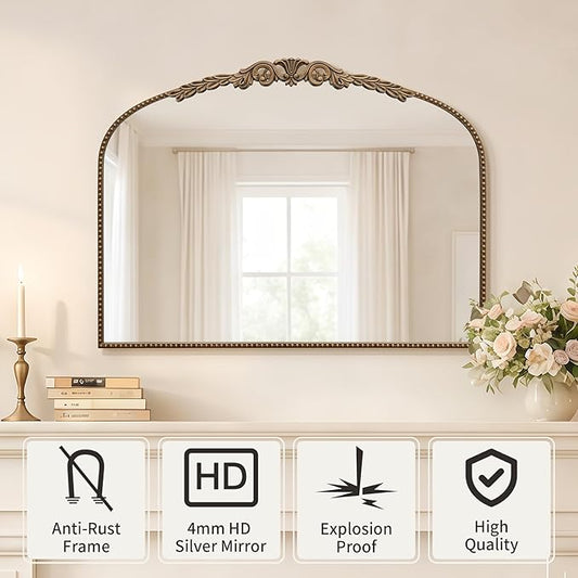 Besdomus Gold Vintage Vanity Mirror: 24"x 32" French Baroque Arched Mirror - Traditional Ornate Antique for Dresser/Mantel/Bedroom/Entryway/Bathroom/Hallway - Home Decor for Living Room