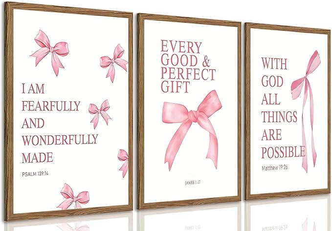 JBZDD Wood Coquette Pink Bow Canvas Wall Art Set of 3, Inspirational Bible Verses Decor Posters Pictures Prints Aesthetic for Girls Room College Apartment Living Room Bedroom Framed 12x16 Inch