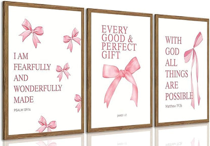 JBZDD Wood Coquette Pink Bow Canvas Wall Art Set of 3, Inspirational Bible Verses Decor Posters Pictures Prints Aesthetic for Girls Room College Apartment Living Room Bedroom Framed 12x16 Inch
